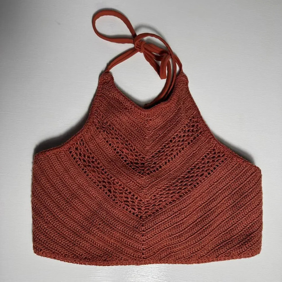 Xhilaration Crochet High Neck Bikini Top buen Orange Strappy Back Swimwear Sz XL - Picture 1 of 5